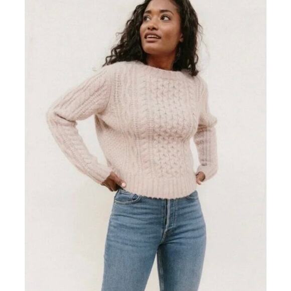 Jenni Kayne Alpaca Merino Wool Cable Knit Blush Oatmeal Sweater Jumper XS Crop - Picture 1 of 8